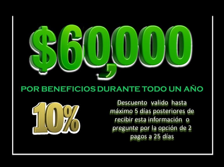 Este monto de inversión también se puede cubrir en 2 pagos, monto inicial del 50% y el resto hasta 25 días 