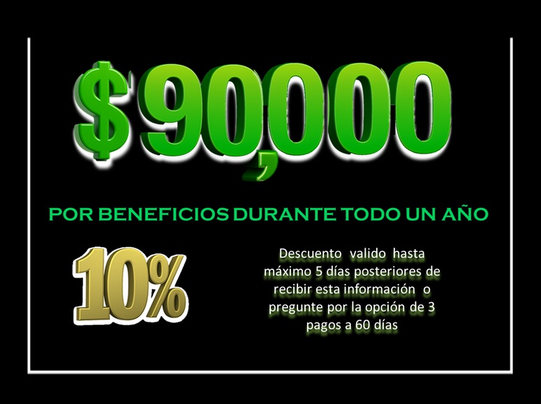 Este monto de inversión también se puede cubrir en 3 pagos, monto inicial del 40% y el resto hasta 2 pagos con plazo de 60 días totales