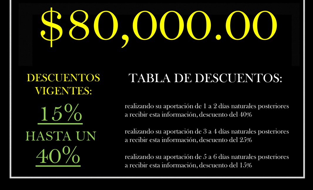 Este monto de inversión también se puede cubrir hasta en 2 pagos, monto inicial del 60% y el resto hasta 30 días posteriores